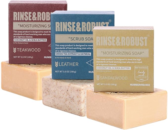 رينس & روبوست صابون Rinse & Robust للرجال صابون حوض استحمام 3 عبوات يدوية مجموعة ألواح الصابون الطبيعية اليدوية مجموعة هدايا صابون مرطب ومقشر للرجال | الجلد، خشب الصندل، خشب الساج | 3.5 أونصة من 3 أشرطة - Image 2